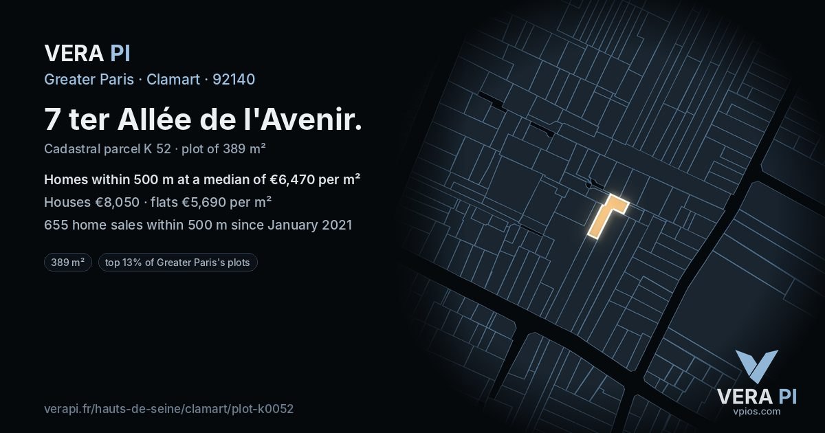 7 ter Allée de l'Avenir, Clamart at night – the plot lit, the parcels around coloured by the prices near them