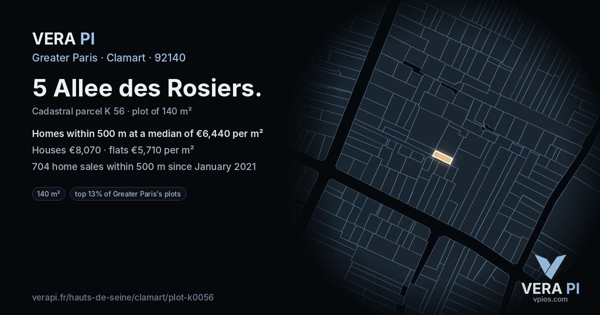 5 Allee des Rosiers, Clamart at night – the plot lit, the parcels around coloured by the prices near them