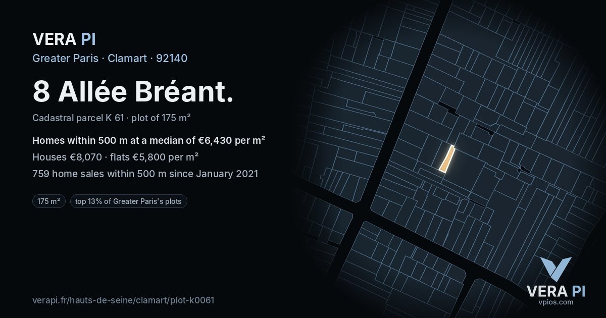 8 Allée Bréant, Clamart at night – the plot lit, the parcels around coloured by the prices near them