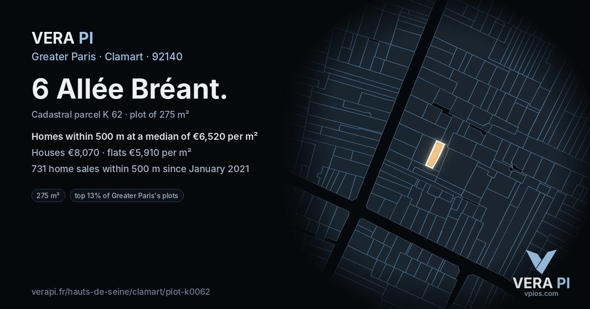 6 Allée Bréant, Clamart at night – the plot lit, the parcels around coloured by the prices near them