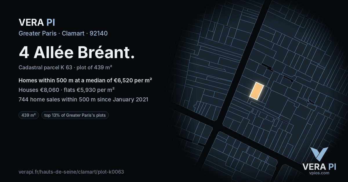 4 Allée Bréant, Clamart at night – the plot lit, the parcels around coloured by the prices near them
