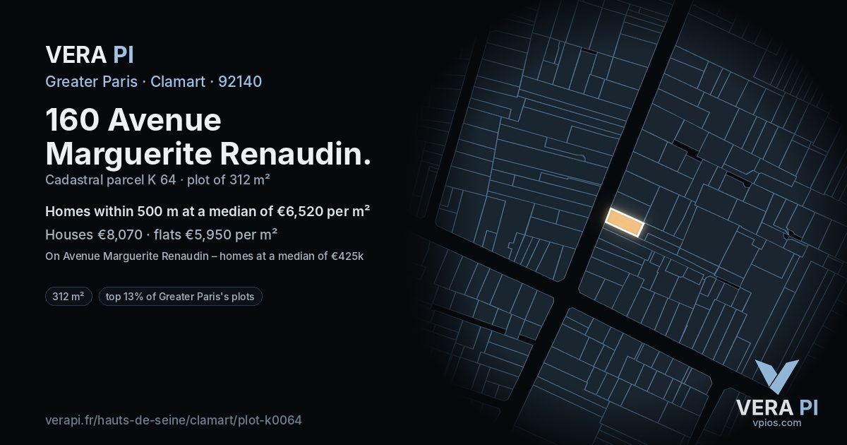 160 Avenue Marguerite Renaudin, Clamart at night – the plot lit, the parcels around coloured by the prices near them
