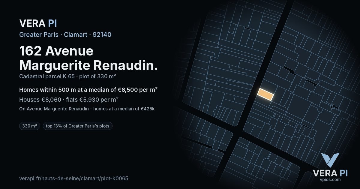 162 Avenue Marguerite Renaudin, Clamart at night – the plot lit, the parcels around coloured by the prices near them