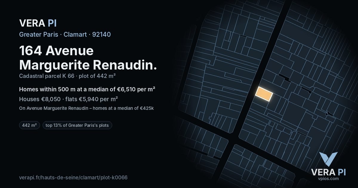 164 Avenue Marguerite Renaudin, Clamart at night – the plot lit, the parcels around coloured by the prices near them
