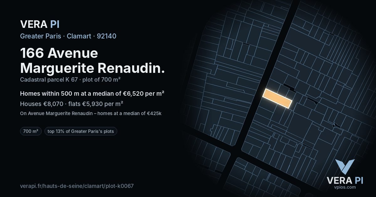 166 Avenue Marguerite Renaudin, Clamart at night – the plot lit, the parcels around coloured by the prices near them
