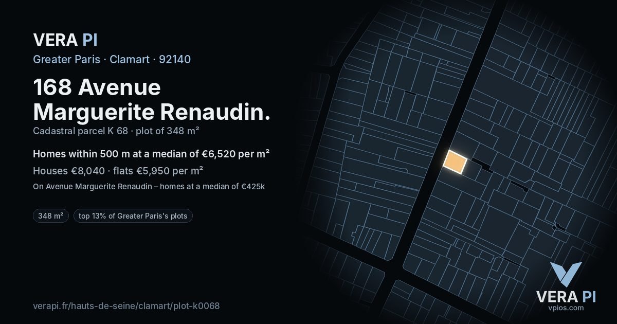 168 Avenue Marguerite Renaudin, Clamart at night – the plot lit, the parcels around coloured by the prices near them