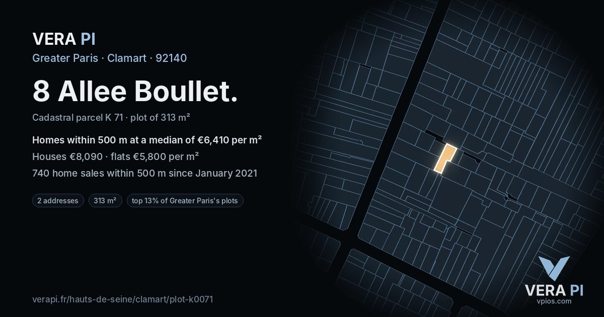 8 Allee Boullet, Clamart at night – the plot lit, the parcels around coloured by the prices near them