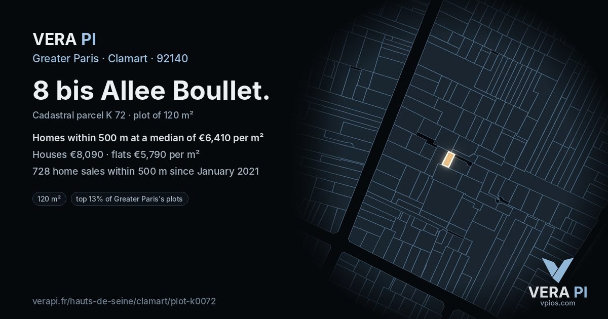 8 bis Allee Boullet, Clamart at night – the plot lit, the parcels around coloured by the prices near them