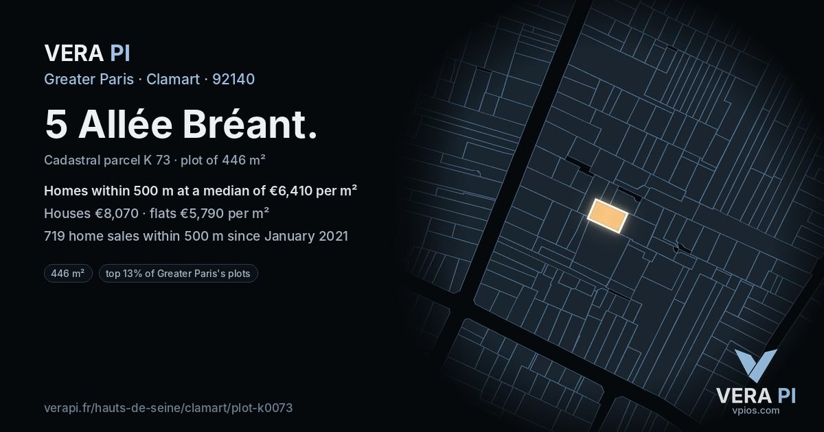 5 Allée Bréant, Clamart at night – the plot lit, the parcels around coloured by the prices near them
