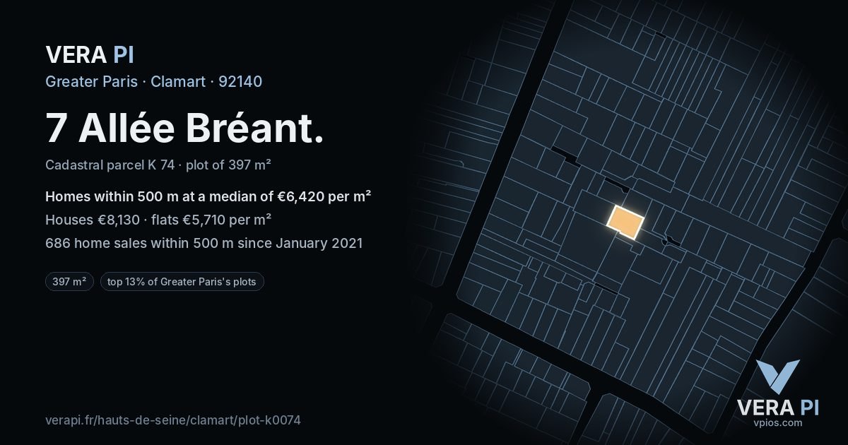 7 Allée Bréant, Clamart at night – the plot lit, the parcels around coloured by the prices near them