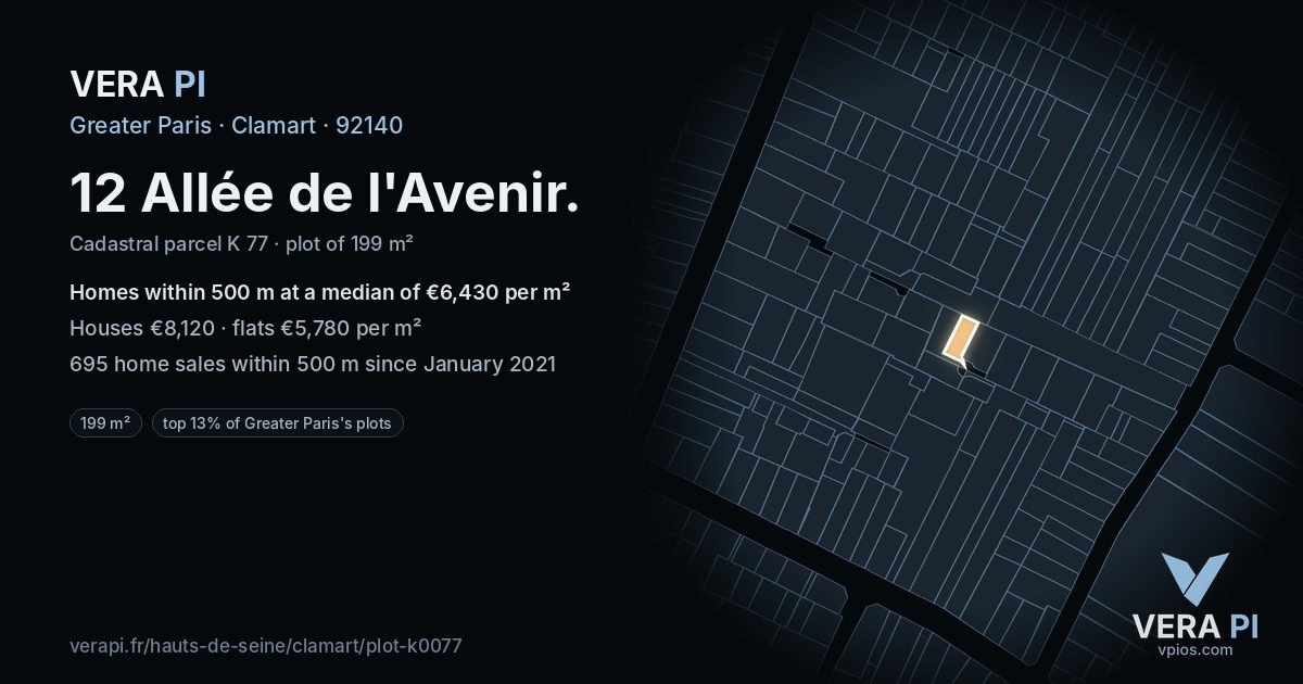 12 Allée de l'Avenir, Clamart at night – the plot lit, the parcels around coloured by the prices near them