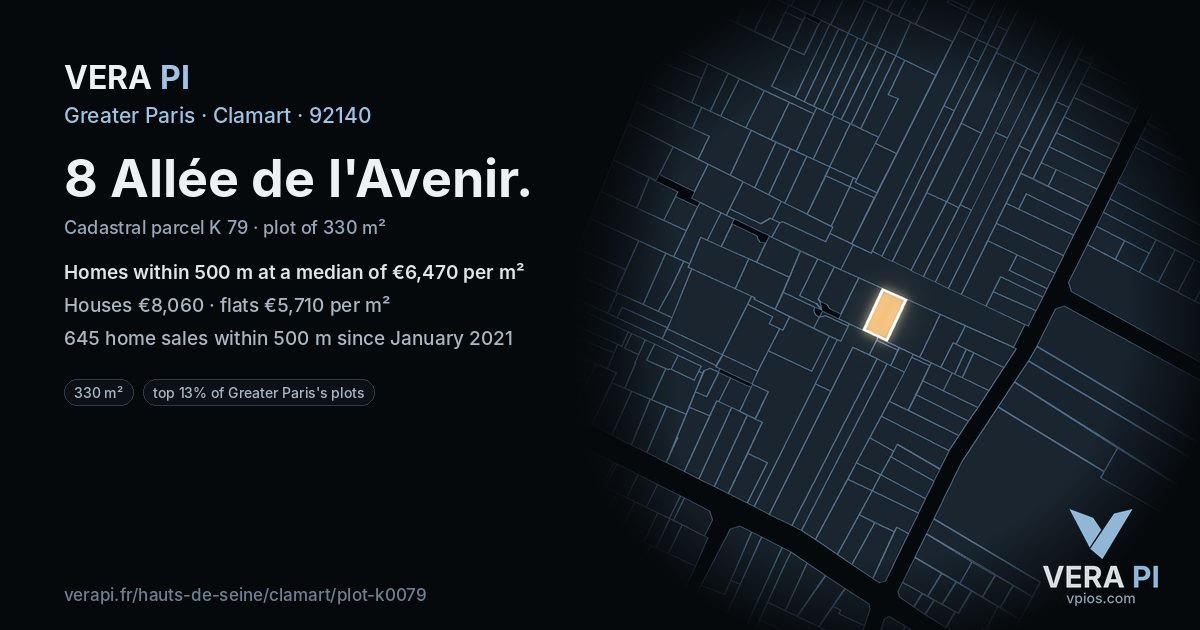 8 Allée de l'Avenir, Clamart at night – the plot lit, the parcels around coloured by the prices near them
