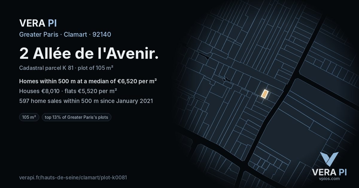 2 Allée de l'Avenir, Clamart at night – the plot lit, the parcels around coloured by the prices near them