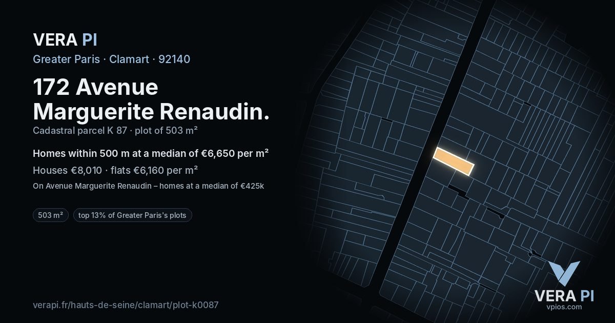 172 Avenue Marguerite Renaudin, Clamart at night – the plot lit, the parcels around coloured by the prices near them