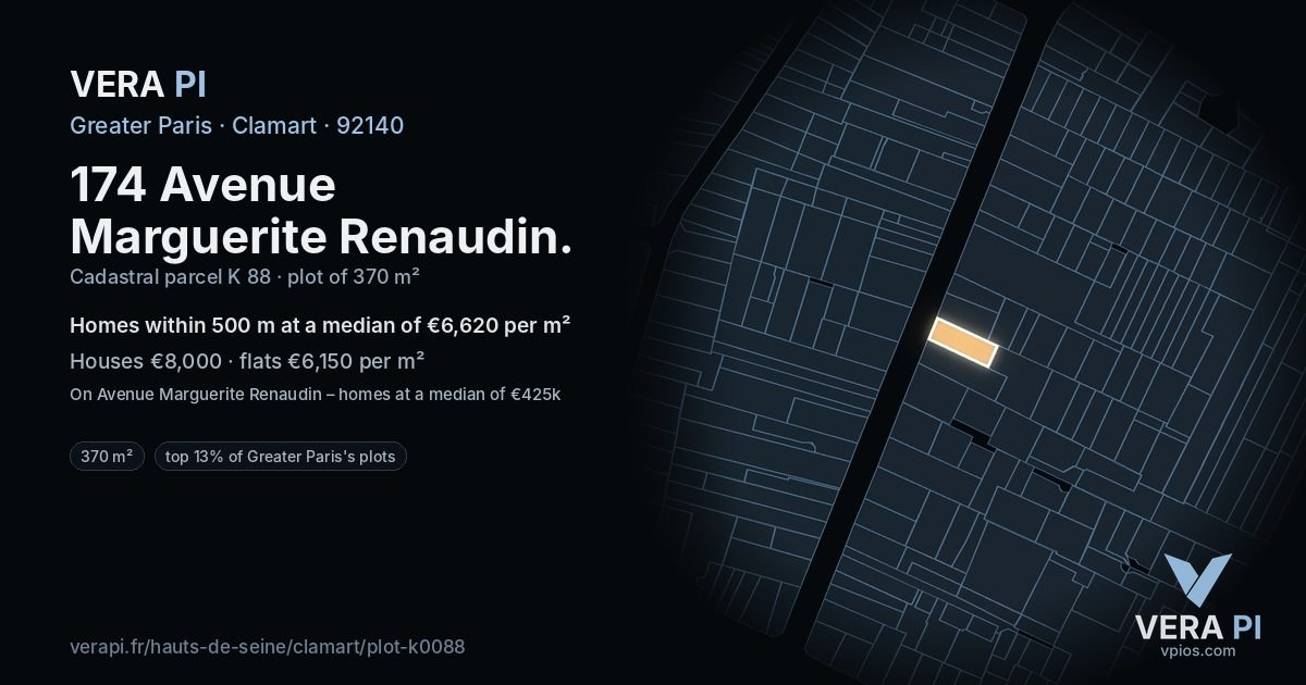 174 Avenue Marguerite Renaudin, Clamart at night – the plot lit, the parcels around coloured by the prices near them