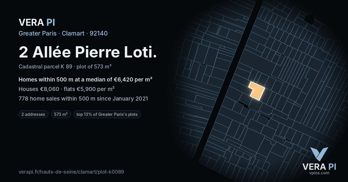 2 Allée Pierre Loti, Clamart at night – the plot lit, the parcels around coloured by the prices near them