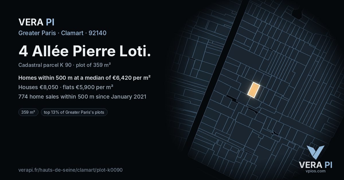 4 Allée Pierre Loti, Clamart at night – the plot lit, the parcels around coloured by the prices near them