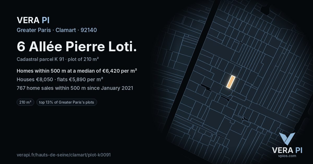 6 Allée Pierre Loti, Clamart at night – the plot lit, the parcels around coloured by the prices near them