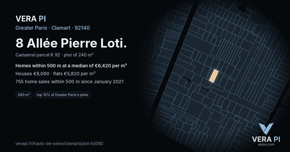 8 Allée Pierre Loti, Clamart at night – the plot lit, the parcels around coloured by the prices near them