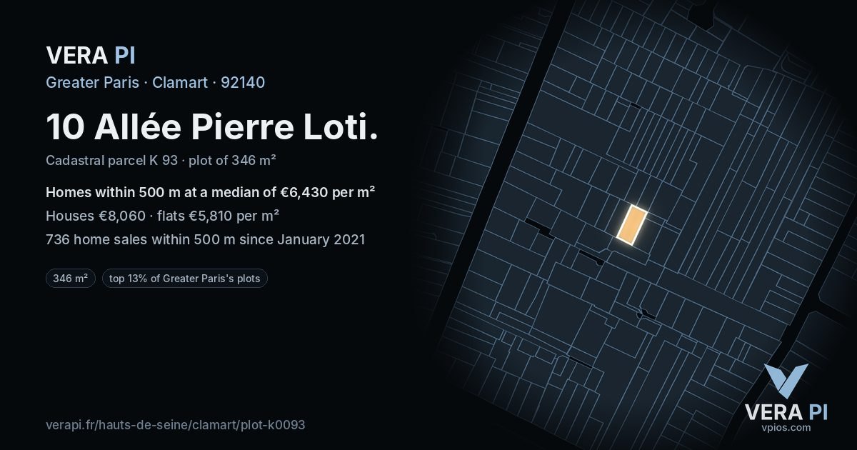 10 Allée Pierre Loti, Clamart at night – the plot lit, the parcels around coloured by the prices near them