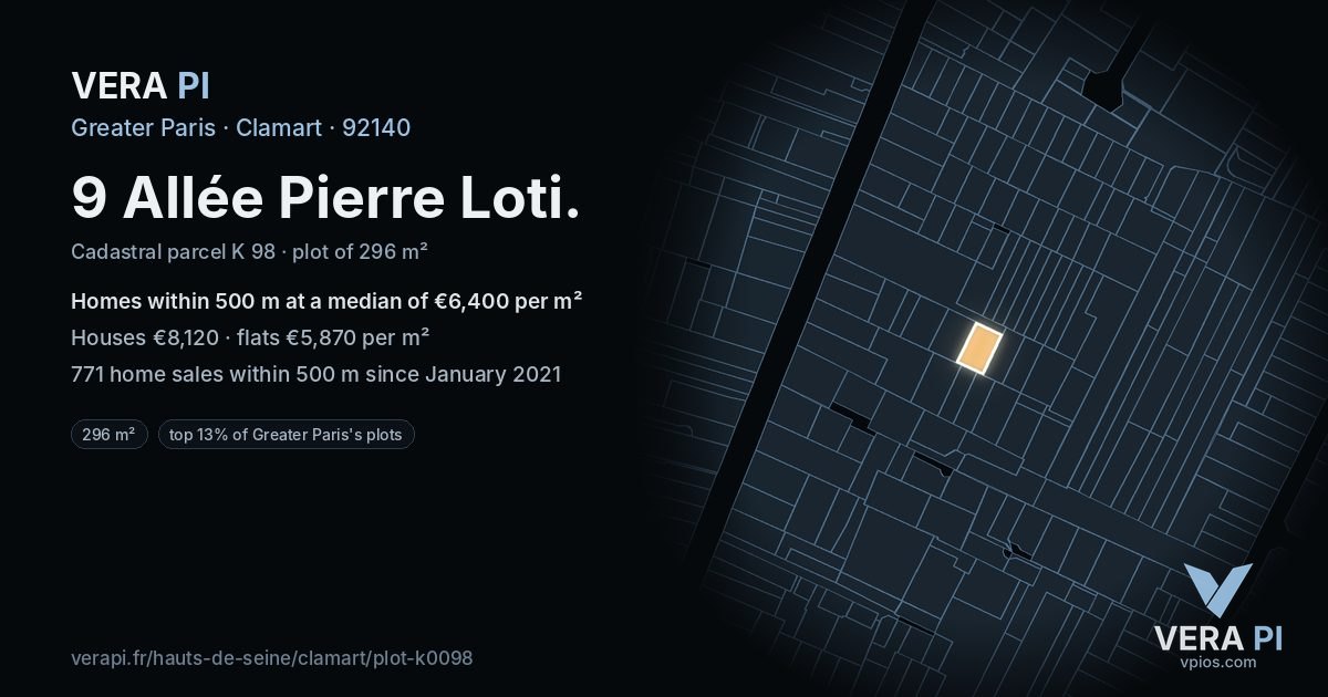 9 Allée Pierre Loti, Clamart at night – the plot lit, the parcels around coloured by the prices near them