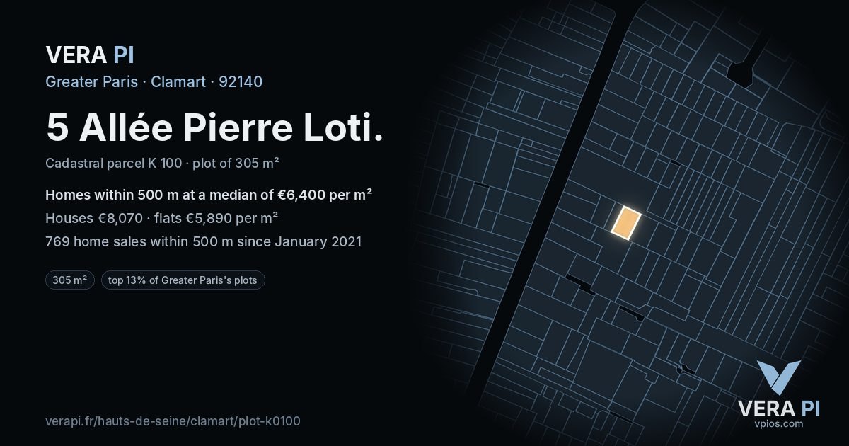 5 Allée Pierre Loti, Clamart at night – the plot lit, the parcels around coloured by the prices near them