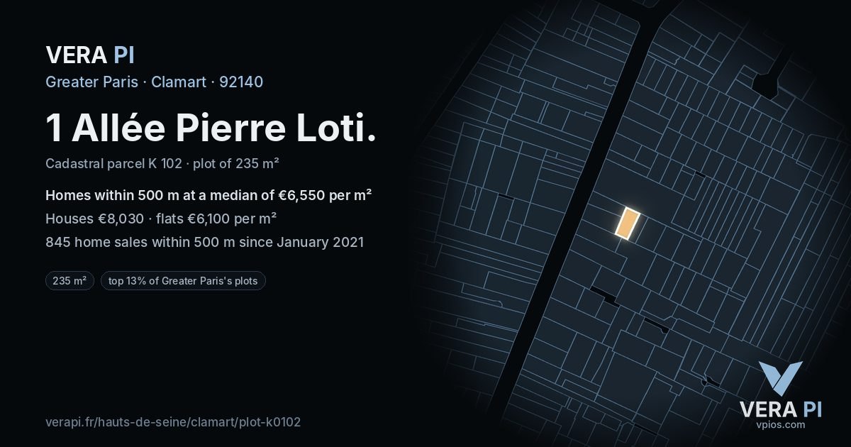 1 Allée Pierre Loti, Clamart at night – the plot lit, the parcels around coloured by the prices near them