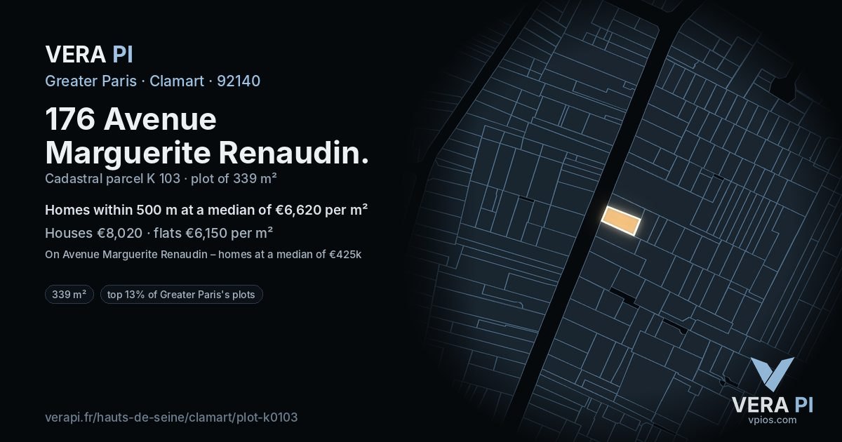 176 Avenue Marguerite Renaudin, Clamart at night – the plot lit, the parcels around coloured by the prices near them