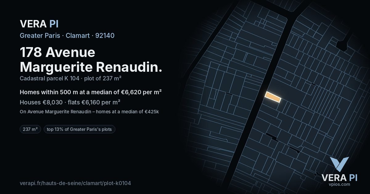 178 Avenue Marguerite Renaudin, Clamart at night – the plot lit, the parcels around coloured by the prices near them