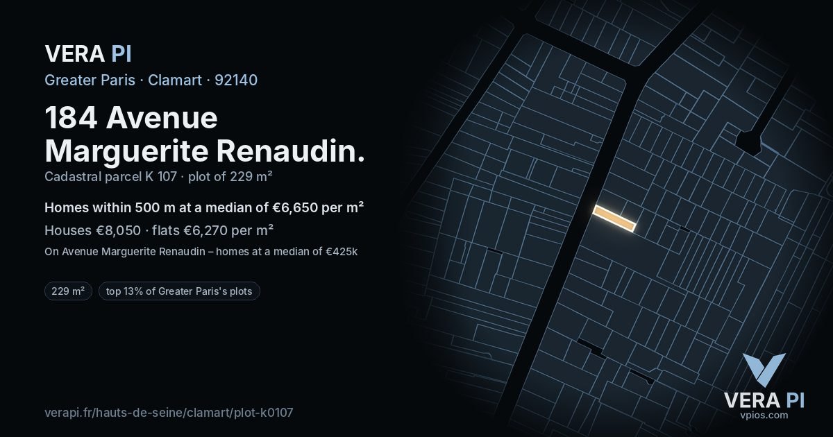 184 Avenue Marguerite Renaudin, Clamart at night – the plot lit, the parcels around coloured by the prices near them