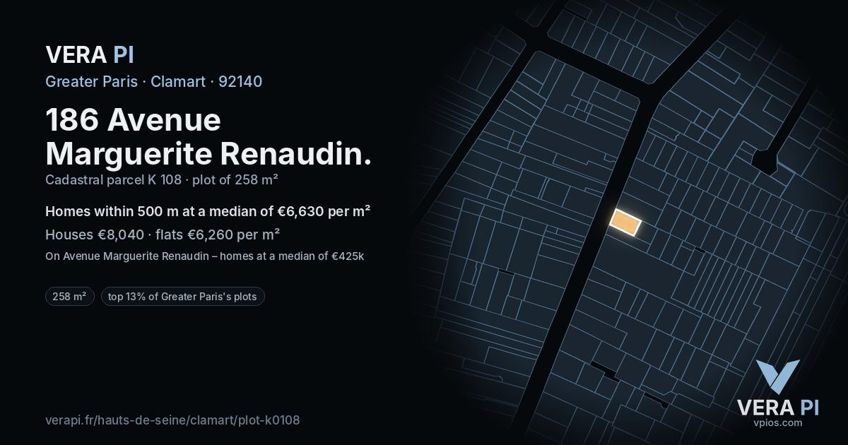 186 Avenue Marguerite Renaudin, Clamart at night – the plot lit, the parcels around coloured by the prices near them
