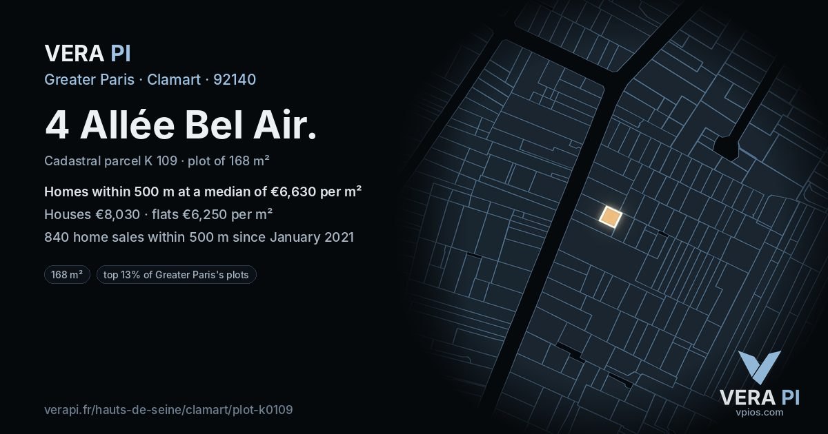 4 Allée Bel Air, Clamart at night – the plot lit, the parcels around coloured by the prices near them
