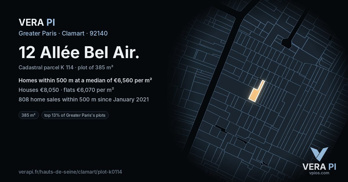 12 Allée Bel Air, Clamart at night – the plot lit, the parcels around coloured by the prices near them