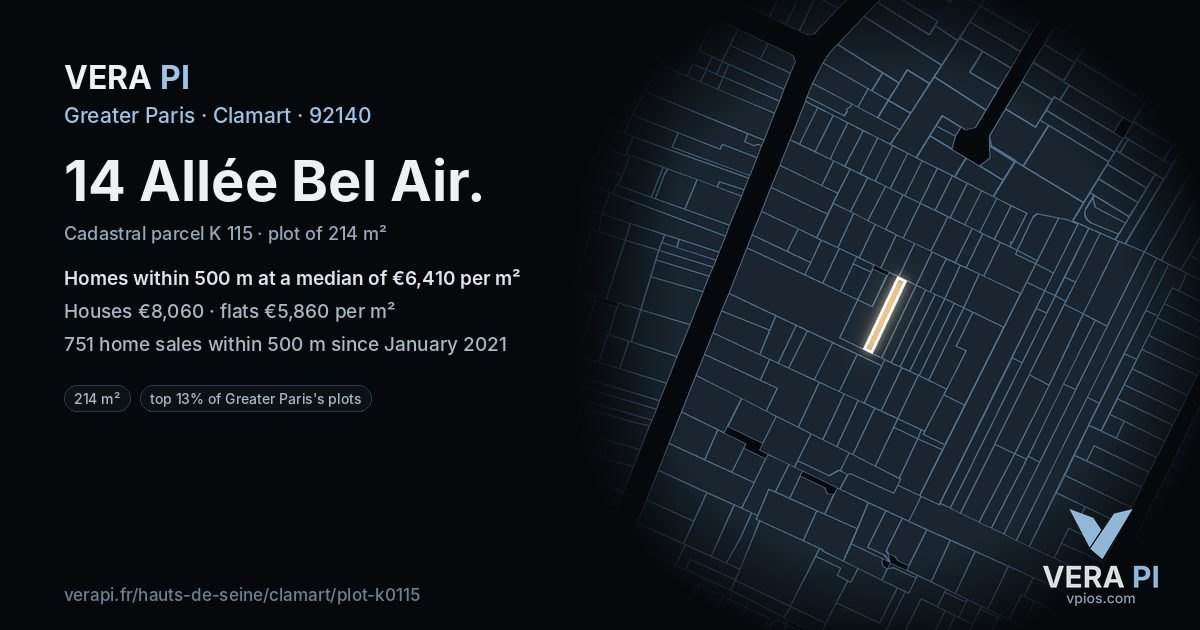 14 Allée Bel Air, Clamart at night – the plot lit, the parcels around coloured by the prices near them