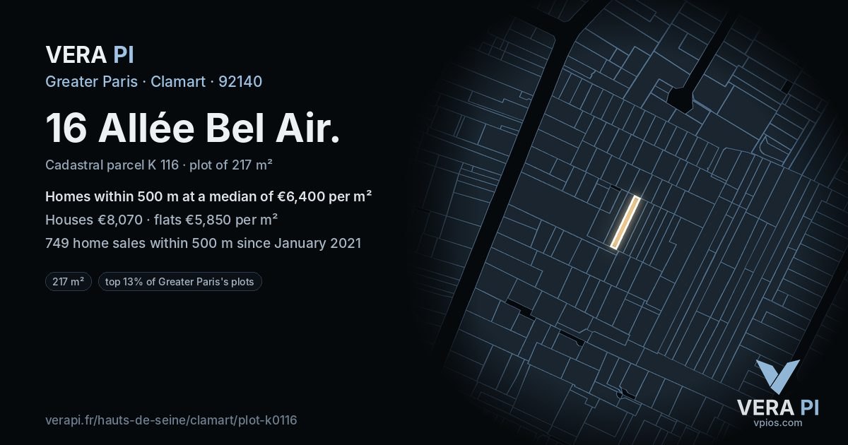 16 Allée Bel Air, Clamart at night – the plot lit, the parcels around coloured by the prices near them