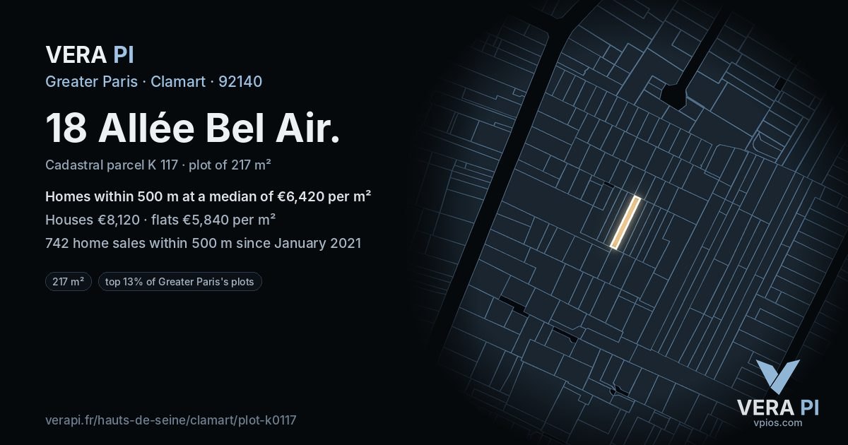 18 Allée Bel Air, Clamart at night – the plot lit, the parcels around coloured by the prices near them