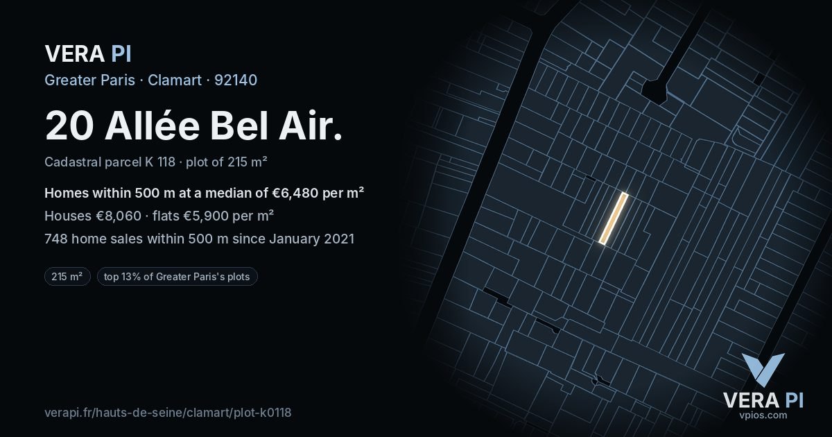 20 Allée Bel Air, Clamart at night – the plot lit, the parcels around coloured by the prices near them