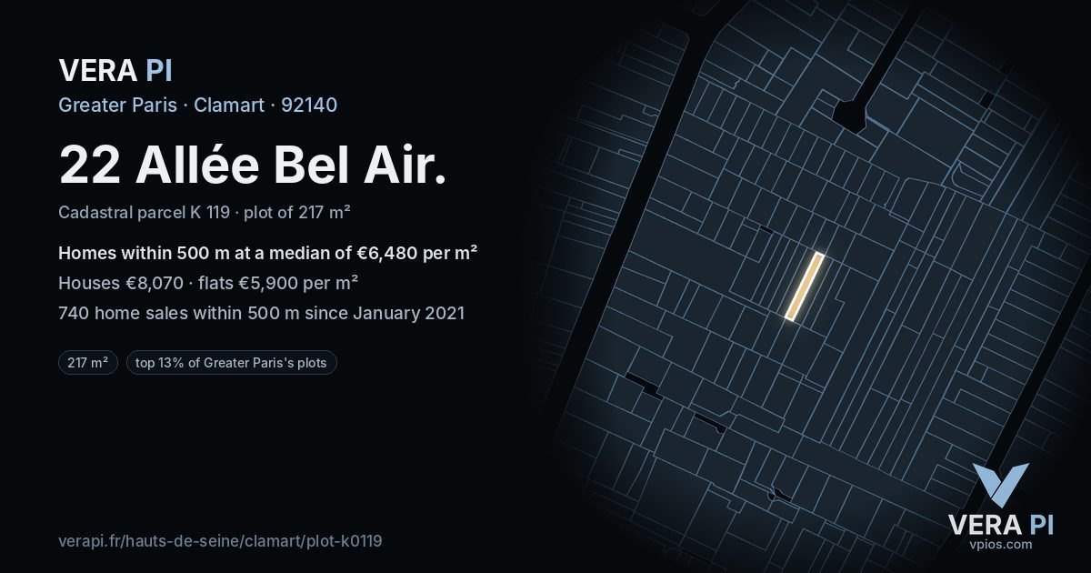 22 Allée Bel Air, Clamart at night – the plot lit, the parcels around coloured by the prices near them
