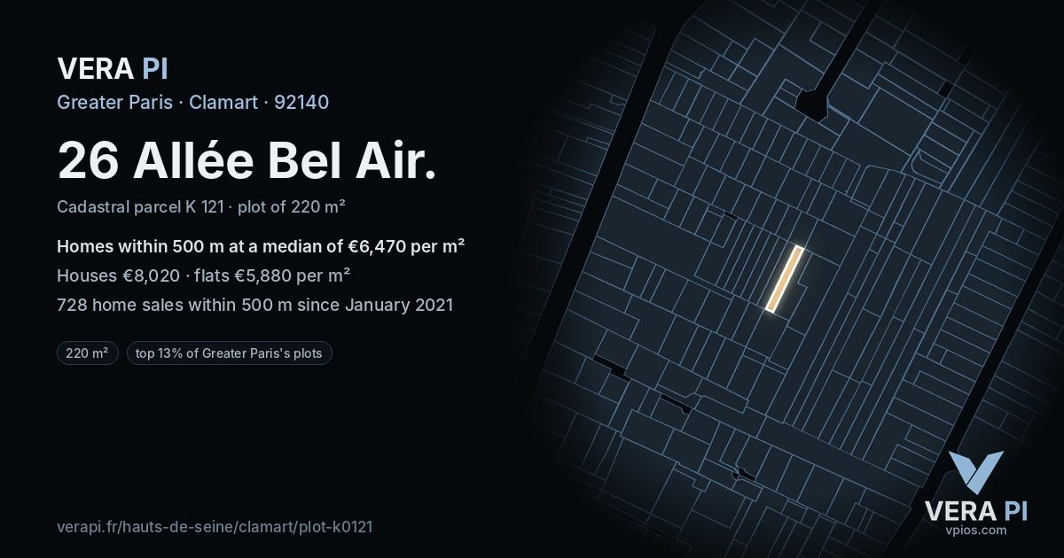 26 Allée Bel Air, Clamart at night – the plot lit, the parcels around coloured by the prices near them