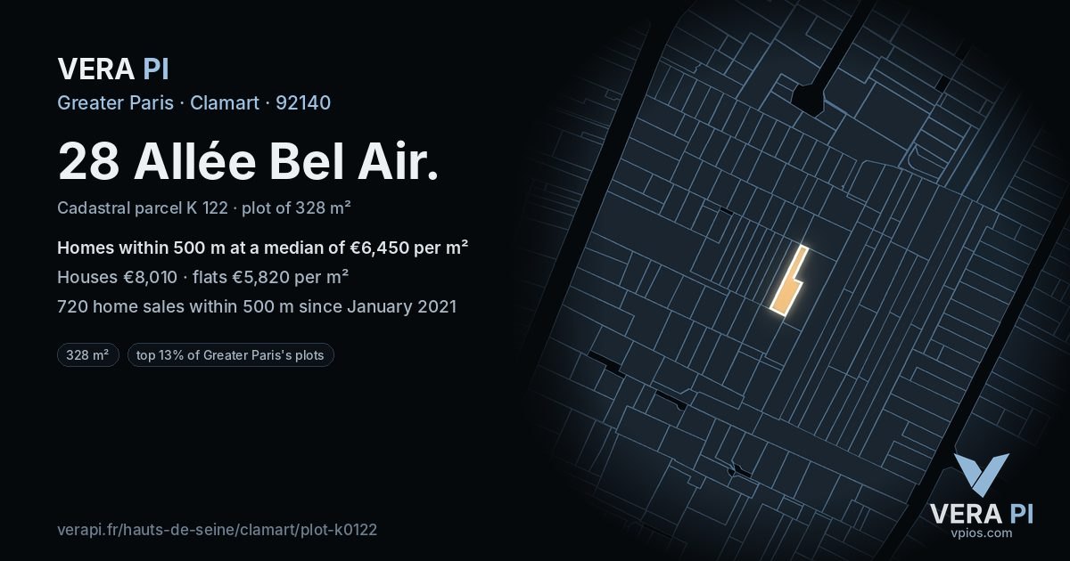 28 Allée Bel Air, Clamart at night – the plot lit, the parcels around coloured by the prices near them