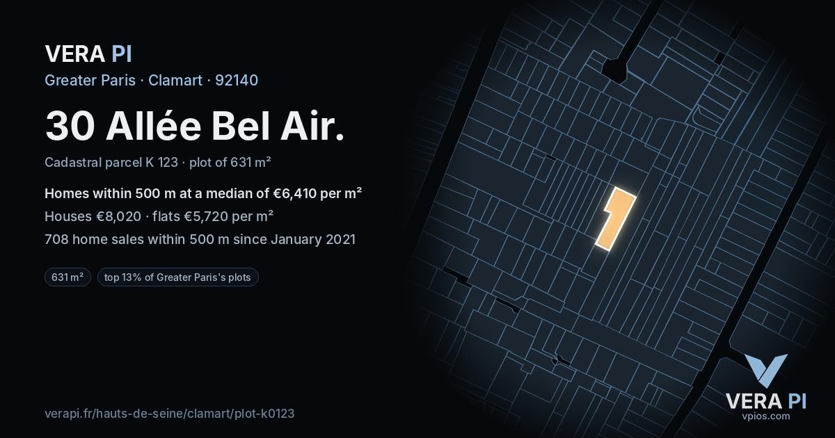 30 Allée Bel Air, Clamart at night – the plot lit, the parcels around coloured by the prices near them