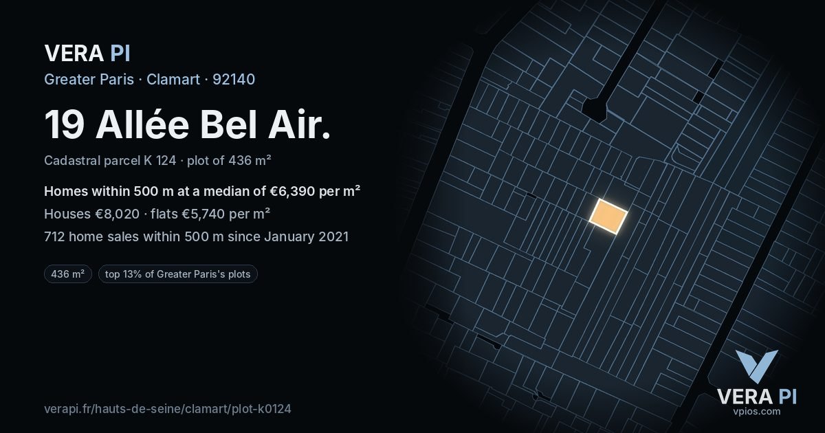 19 Allée Bel Air, Clamart at night – the plot lit, the parcels around coloured by the prices near them