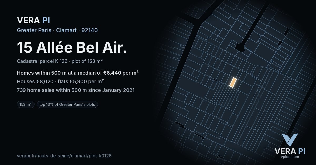 15 Allée Bel Air, Clamart at night – the plot lit, the parcels around coloured by the prices near them