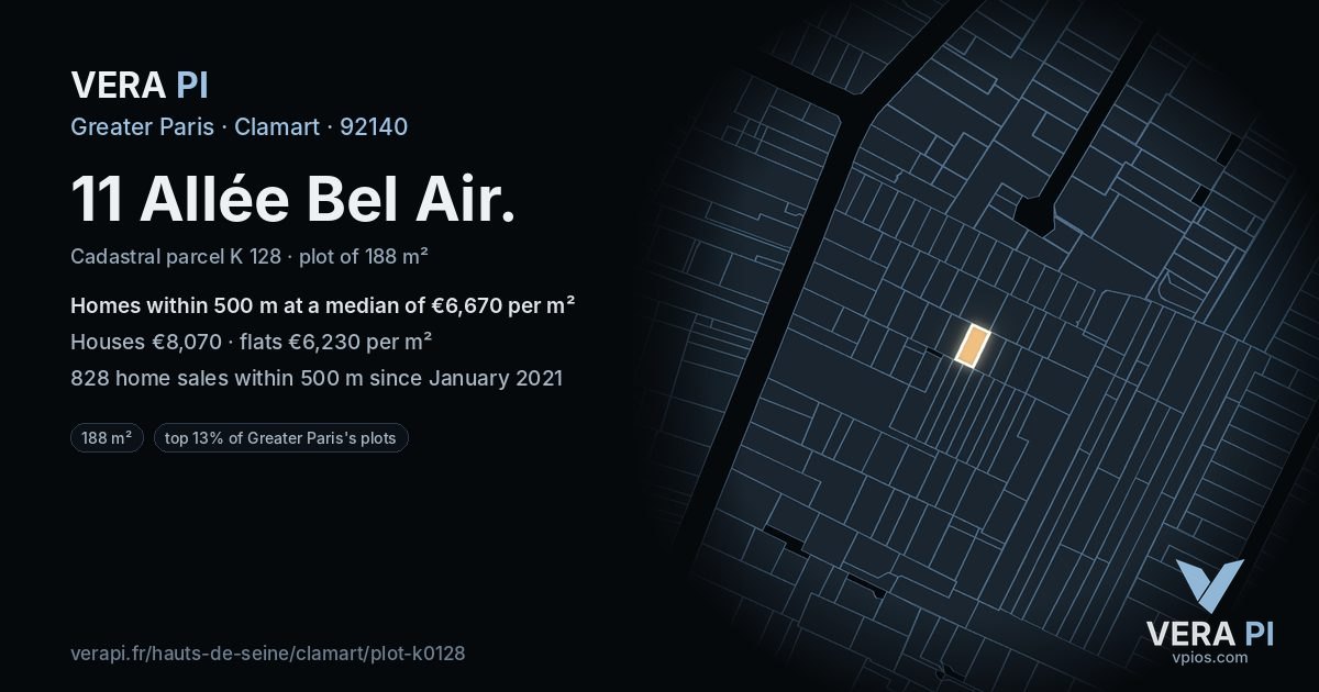 11 Allée Bel Air, Clamart at night – the plot lit, the parcels around coloured by the prices near them