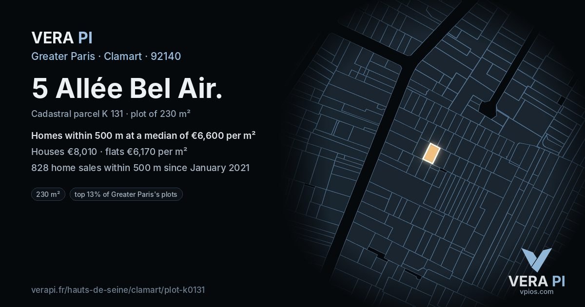 5 Allée Bel Air, Clamart at night – the plot lit, the parcels around coloured by the prices near them