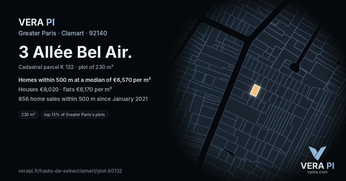 3 Allée Bel Air, Clamart at night – the plot lit, the parcels around coloured by the prices near them
