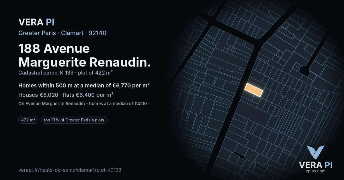 188 Avenue Marguerite Renaudin, Clamart at night – the plot lit, the parcels around coloured by the prices near them