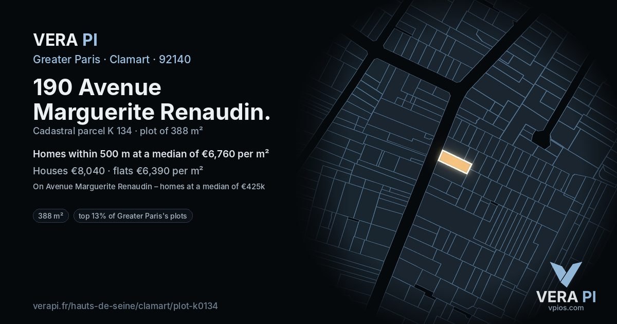 190 Avenue Marguerite Renaudin, Clamart at night – the plot lit, the parcels around coloured by the prices near them