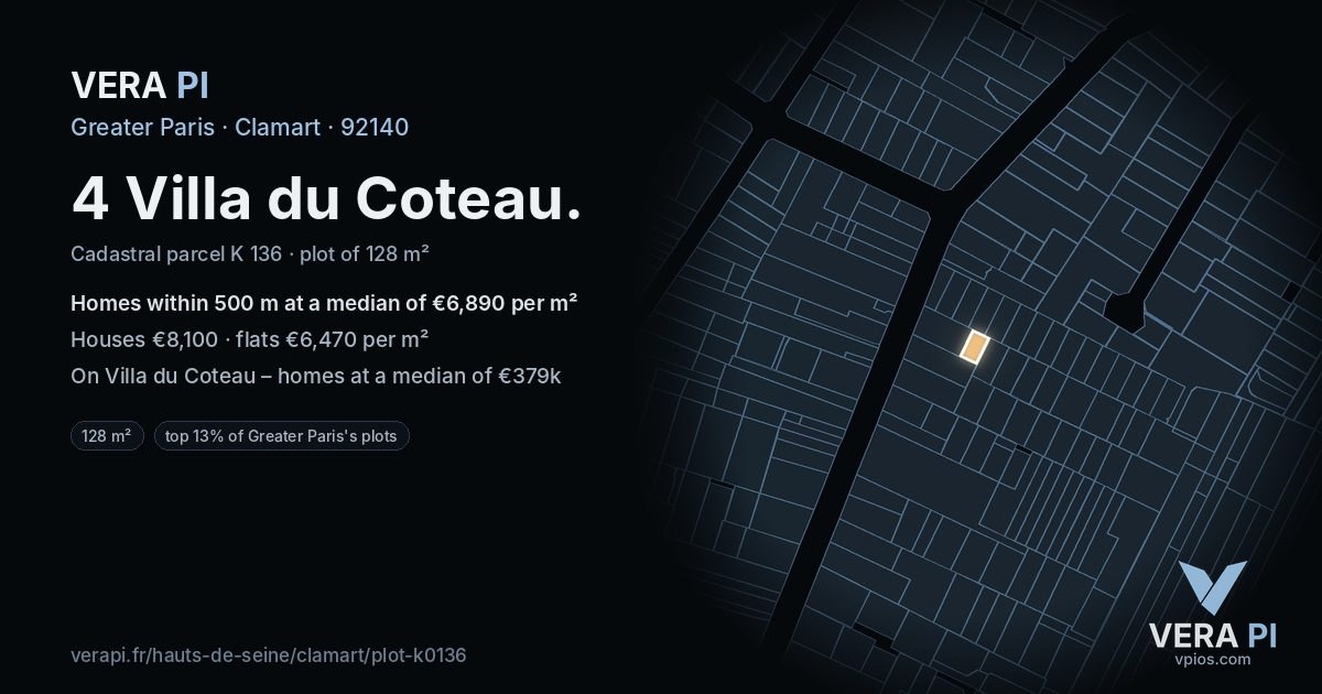 4 Villa du Coteau, Clamart at night – the plot lit, the parcels around coloured by the prices near them