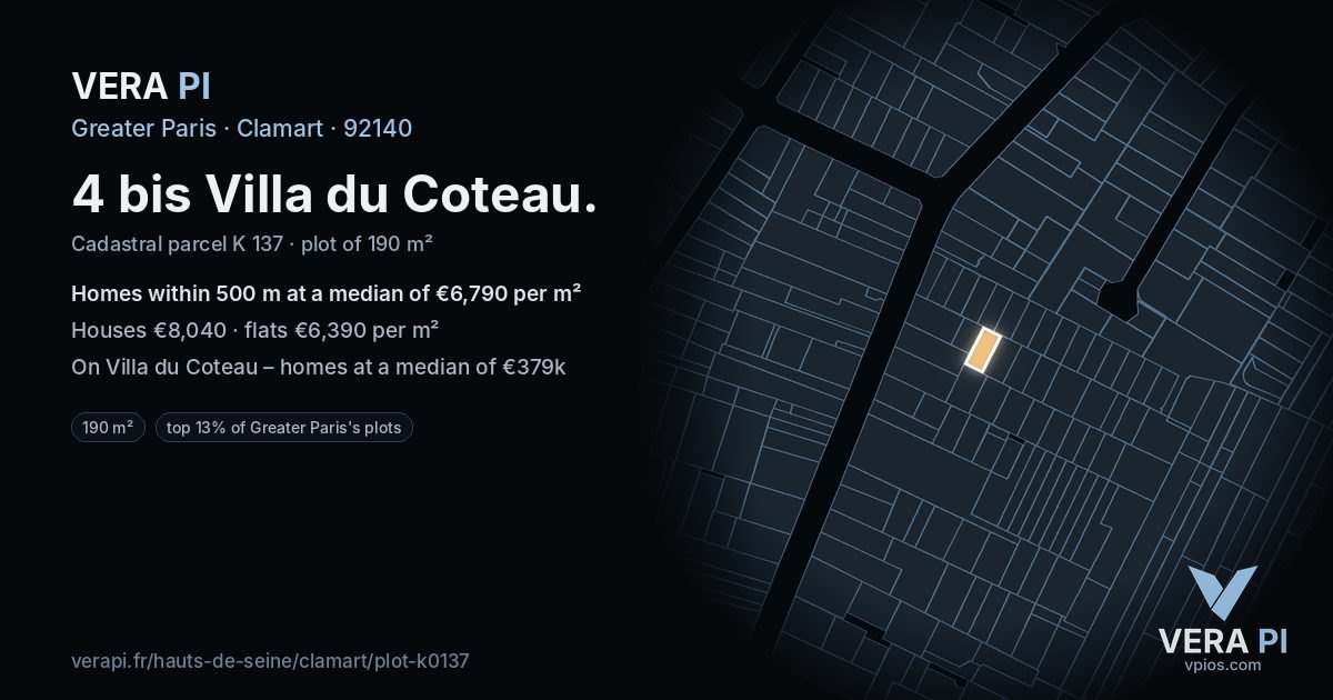 4 bis Villa du Coteau, Clamart at night – the plot lit, the parcels around coloured by the prices near them
